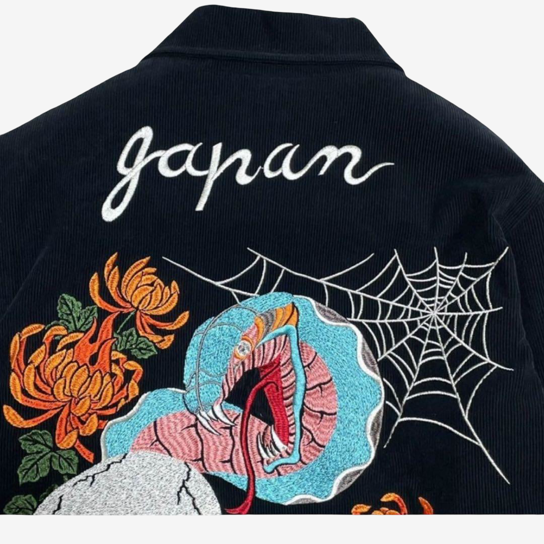 Rare Cropped Heads “REPAIR Production” Japanese Embroidered Skull × Snake × Kiku Chrysanthemum × Spider Web Jacket | Black Cotton Corduroy | Size M
