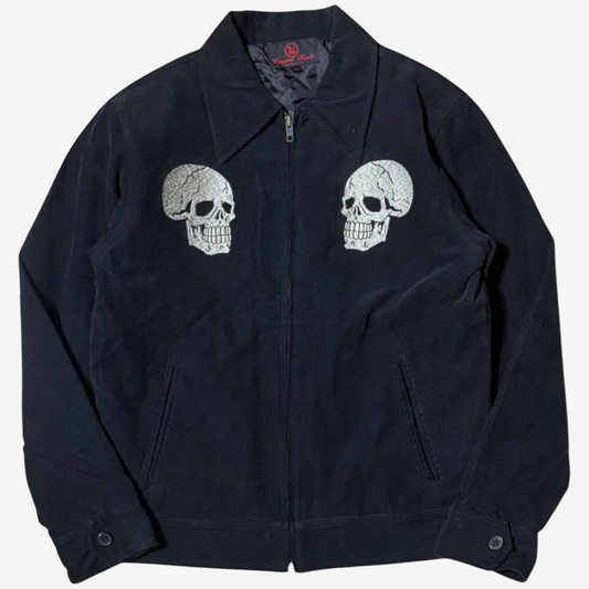 Rare Cropped Heads “REPAIR Production” Japanese Embroidered Skull × Snake × Kiku Chrysanthemum × Spider Web Jacket | Black Cotton Corduroy | Size M
