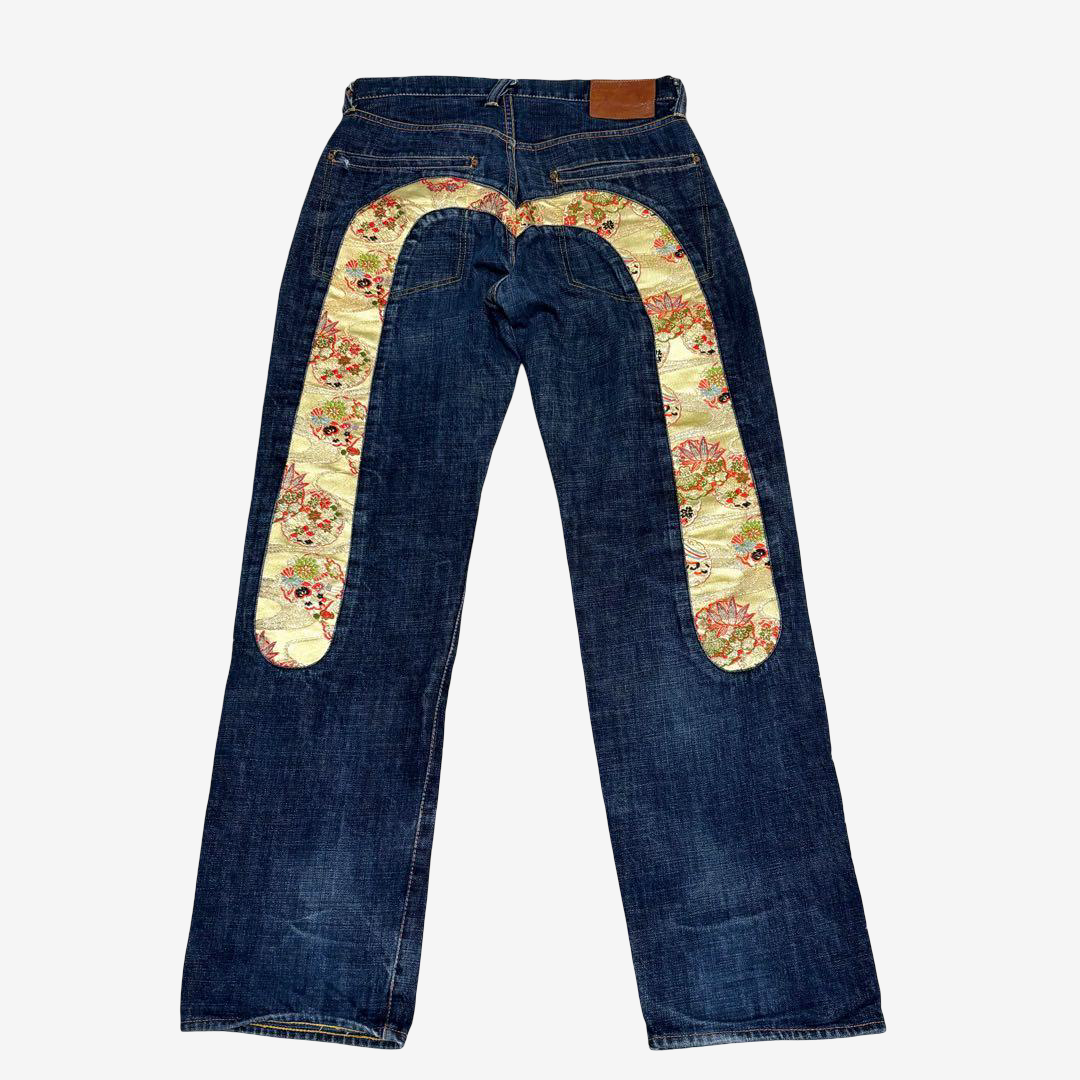 EVISU by YAMANE Vintage Indigo Denim Jeans with Gold Japanese Brocade Daicock Gull