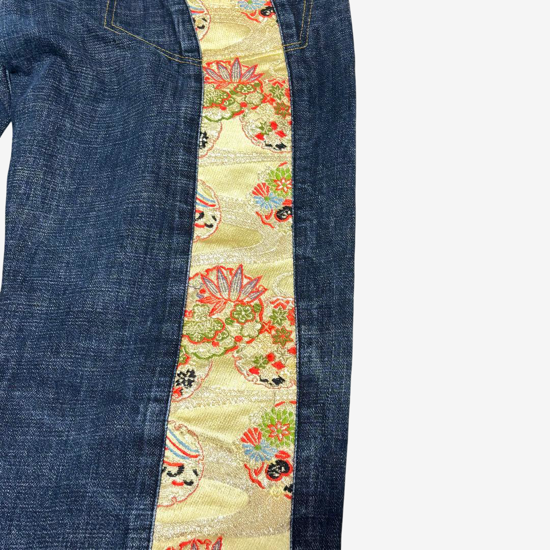 EVISU by YAMANE Vintage Indigo Denim Jeans with Gold Japanese Brocade Daicock Gull