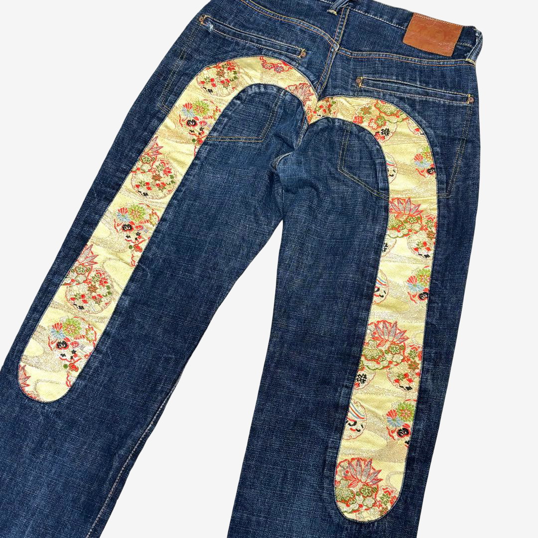 EVISU by YAMANE Vintage Indigo Denim Jeans with Gold Japanese Brocade Daicock Gull