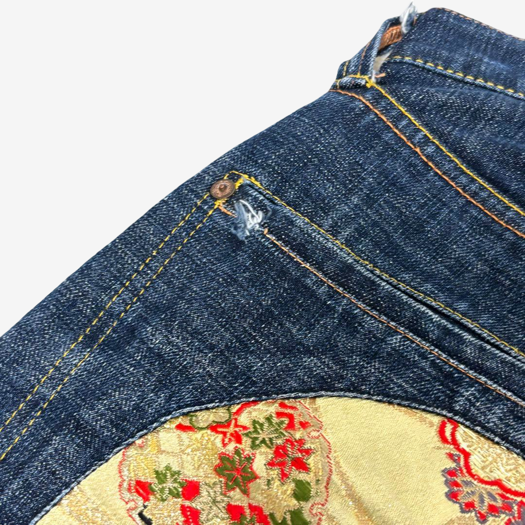 EVISU by YAMANE Vintage Indigo Denim Jeans with Gold Japanese Brocade Daicock Gull