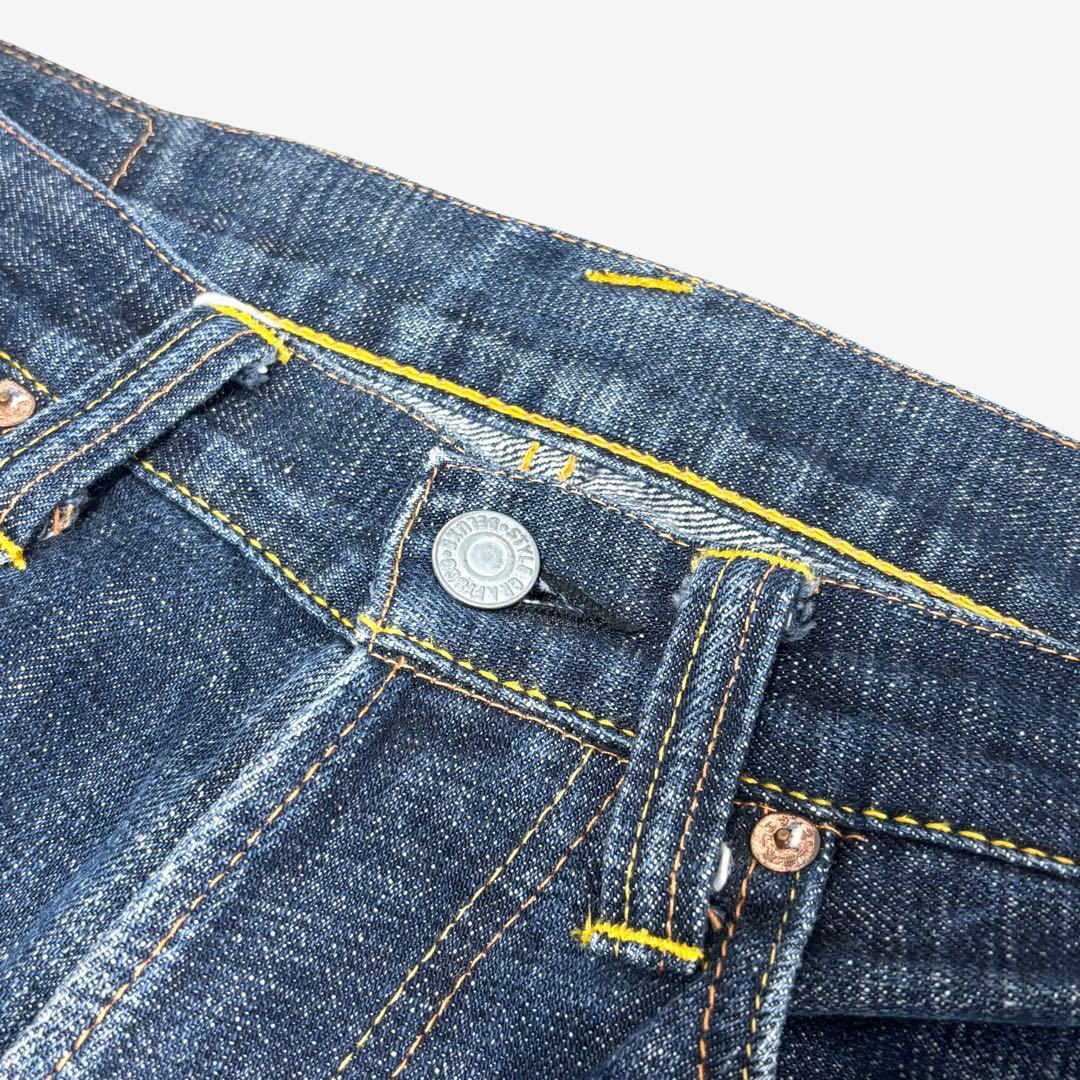 EVISU by YAMANE Vintage Indigo Denim Jeans with Gold Japanese Brocade Daicock Gull