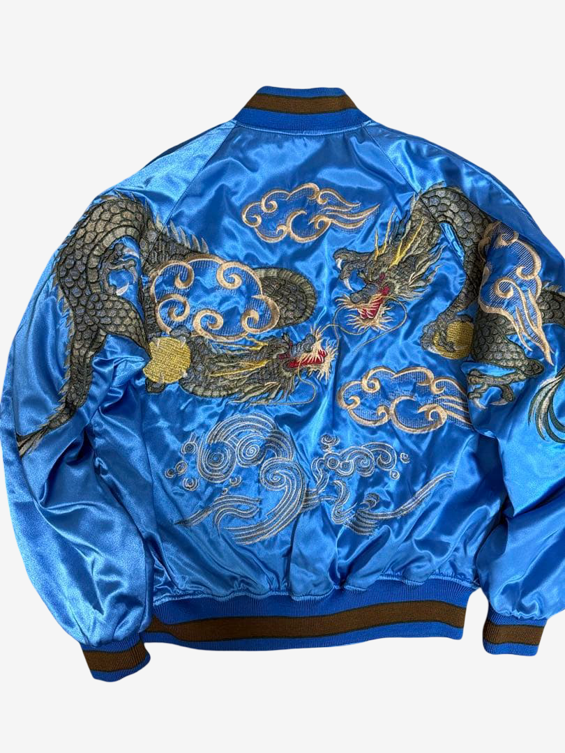 Hoshihime 星姫 Vintage Japanese Dragon Sukajan Jacket Electric Blue Satin Embroidered Padded XL LL