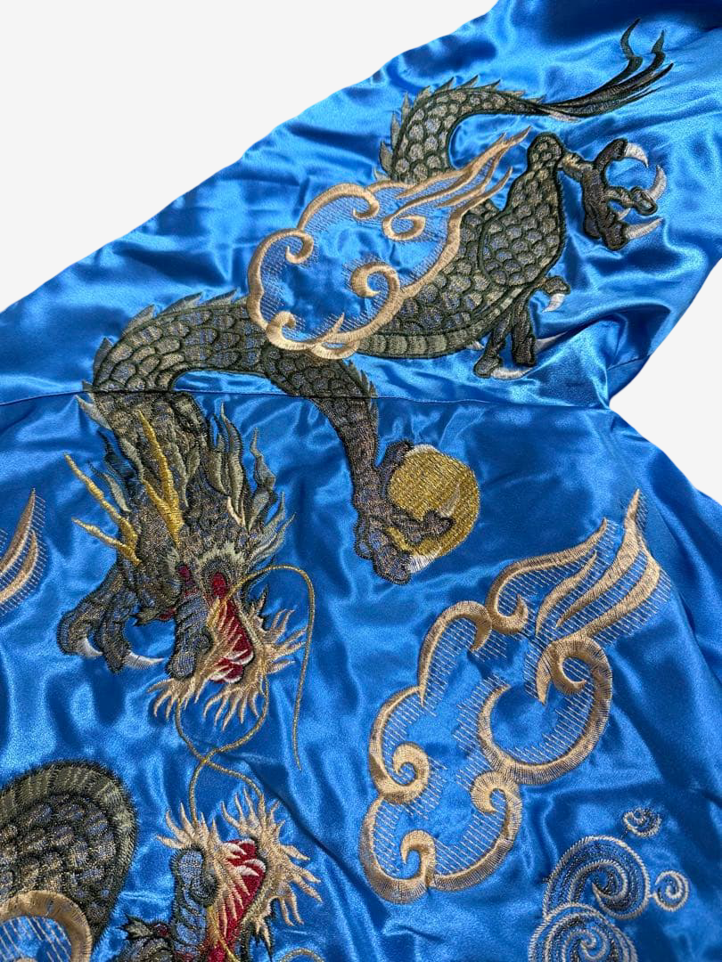 Hoshihime 星姫 Vintage Japanese Dragon Sukajan Jacket Electric Blue Satin Embroidered Padded XL LL
