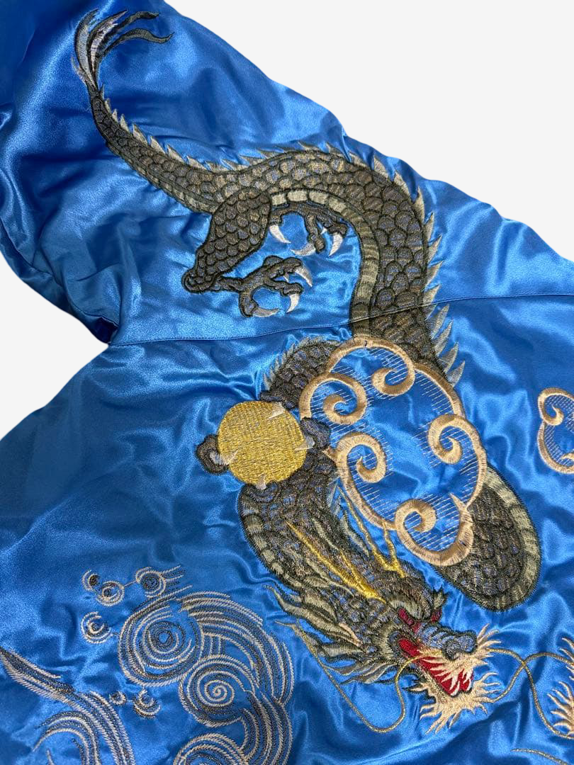 Hoshihime 星姫 Vintage Japanese Dragon Sukajan Jacket Electric Blue Satin Embroidered Padded XL LL