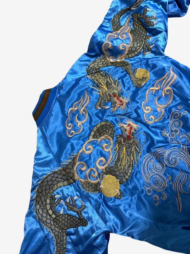 Hoshihime 星姫 Vintage Japanese Dragon Sukajan Jacket Electric Blue Satin Embroidered Padded XL LL