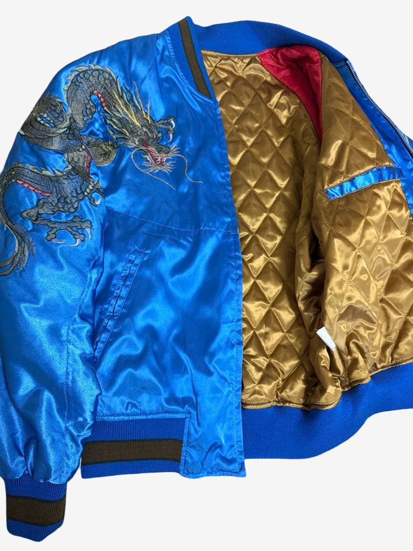 Hoshihime 星姫 Vintage Japanese Dragon Sukajan Jacket Electric Blue Satin Embroidered Padded XL LL