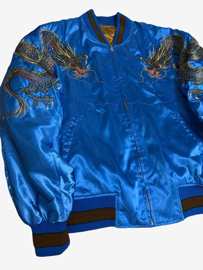 Hoshihime 星姫 Vintage Japanese Dragon Sukajan Jacket Electric Blue Satin Embroidered Padded XL LL