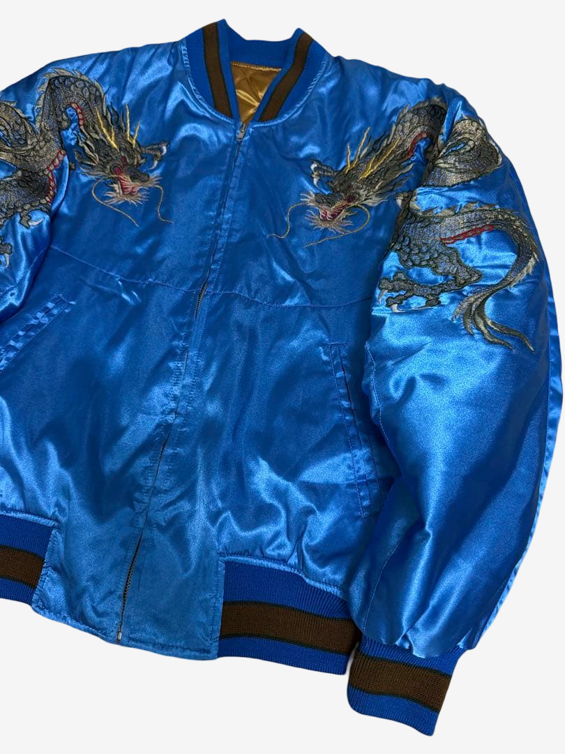 Hoshihime 星姫 Vintage Japanese Dragon Sukajan Jacket Electric Blue Satin Embroidered Padded XL LL