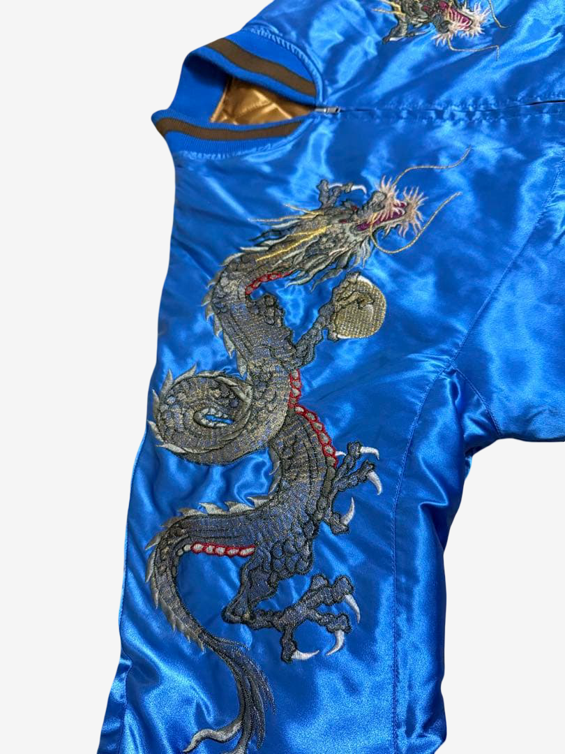 Hoshihime 星姫 Vintage Japanese Dragon Sukajan Jacket Electric Blue Satin Embroidered Padded XL LL