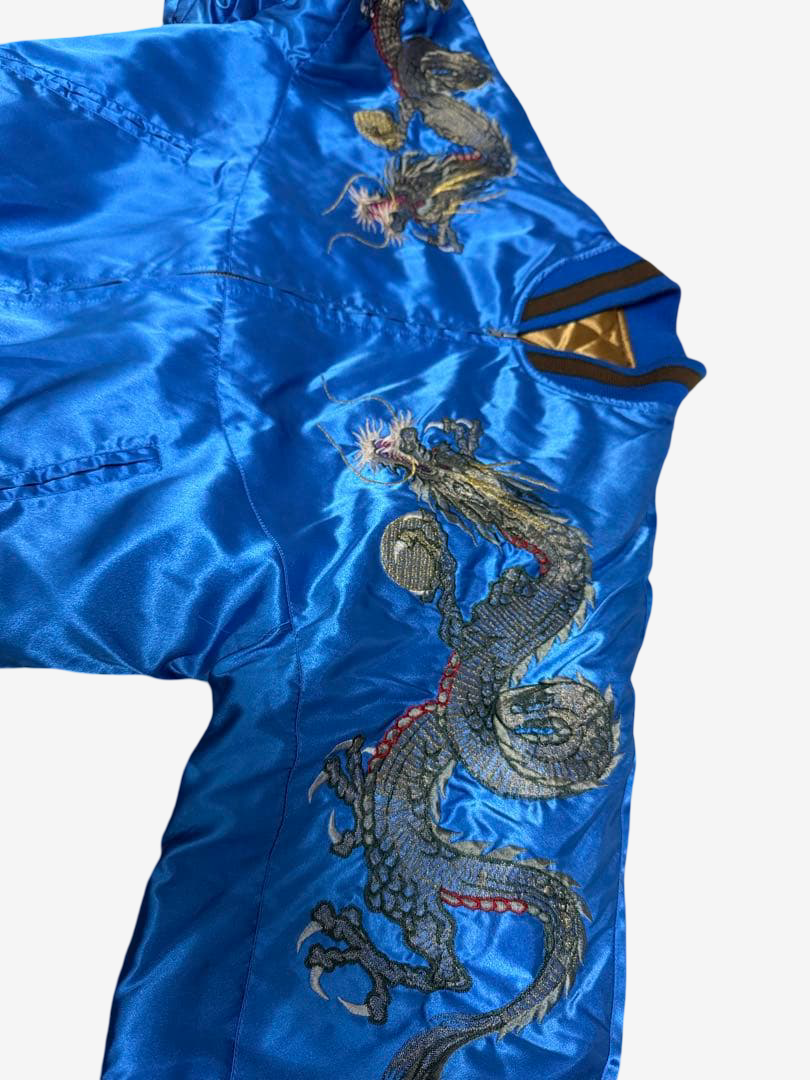 Hoshihime 星姫 Vintage Japanese Dragon Sukajan Jacket Electric Blue Satin Embroidered Padded XL LL