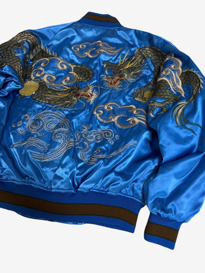 Hoshihime 星姫 Vintage Japanese Dragon Sukajan Jacket Electric Blue Satin Embroidered Padded XL LL