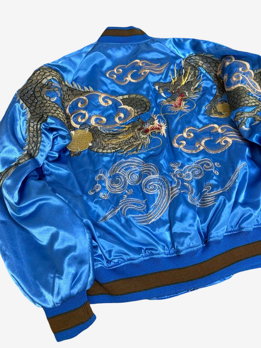 Hoshihime 星姫 Vintage Japanese Dragon Sukajan Jacket Electric Blue Satin Embroidered Padded XL LL