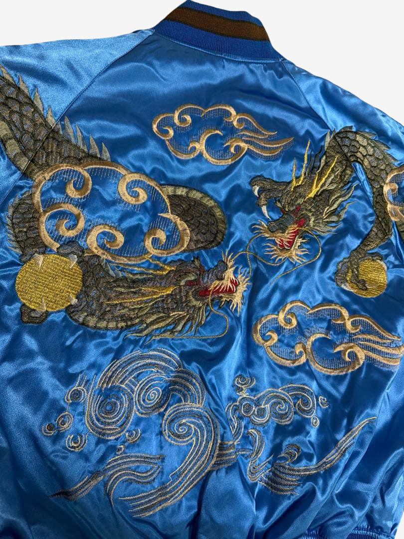 Hoshihime 星姫 Vintage Japanese Dragon Sukajan Jacket Electric Blue Satin Embroidered Padded XL LL