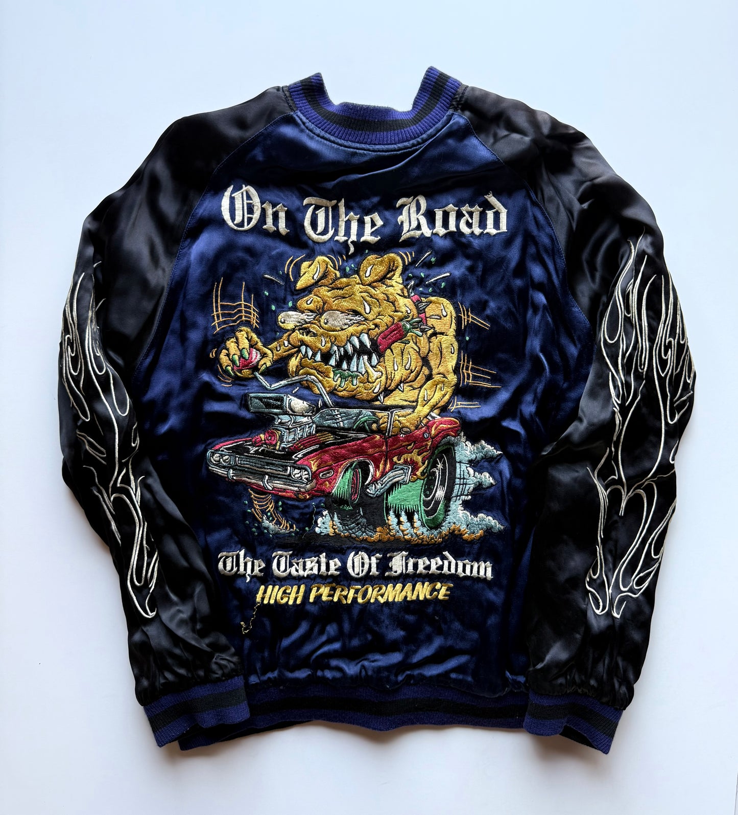 Vintage Tailor Toyo Reversible Sukajan Jacket Skull Tiger Hot Rod Monster Satin Bomber Japan Blue Black Embroidered Souvenir Jacket