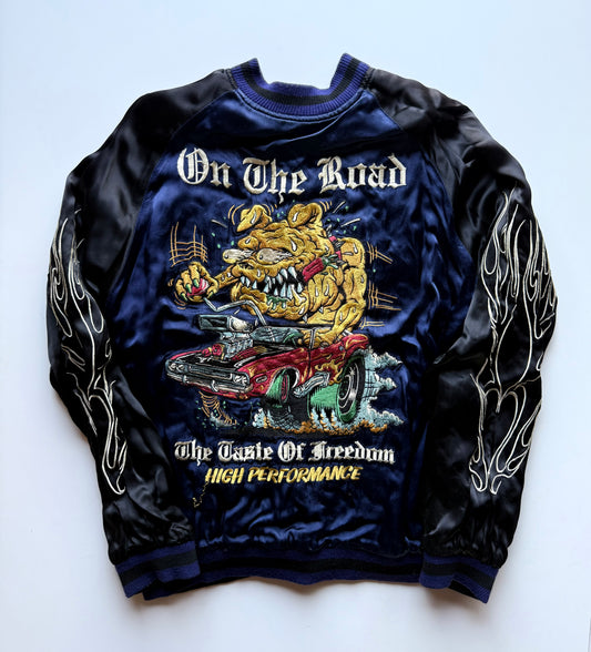 Vintage Tailor Toyo Reversible Sukajan Jacket Skull Tiger Hot Rod Monster Satin Bomber Japan Blue Black Embroidered Souvenir Jacket