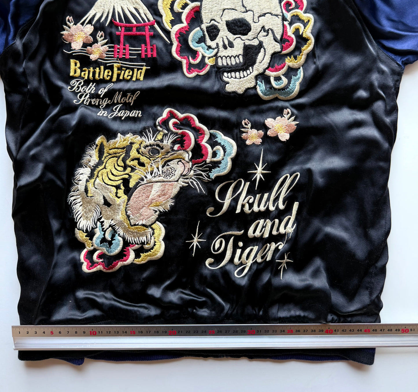 Vintage Tailor Toyo Reversible Sukajan Jacket Skull Tiger Hot Rod Monster Satin Bomber Japan Blue Black Embroidered Souvenir Jacket