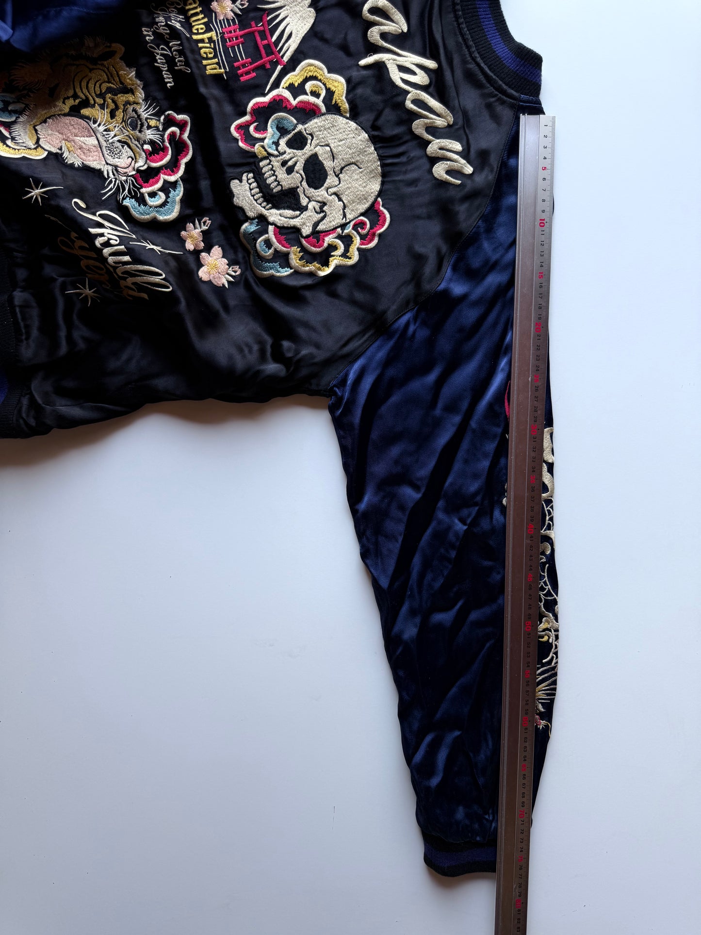 Vintage Tailor Toyo Reversible Sukajan Jacket Skull Tiger Hot Rod Monster Satin Bomber Japan Blue Black Embroidered Souvenir Jacket