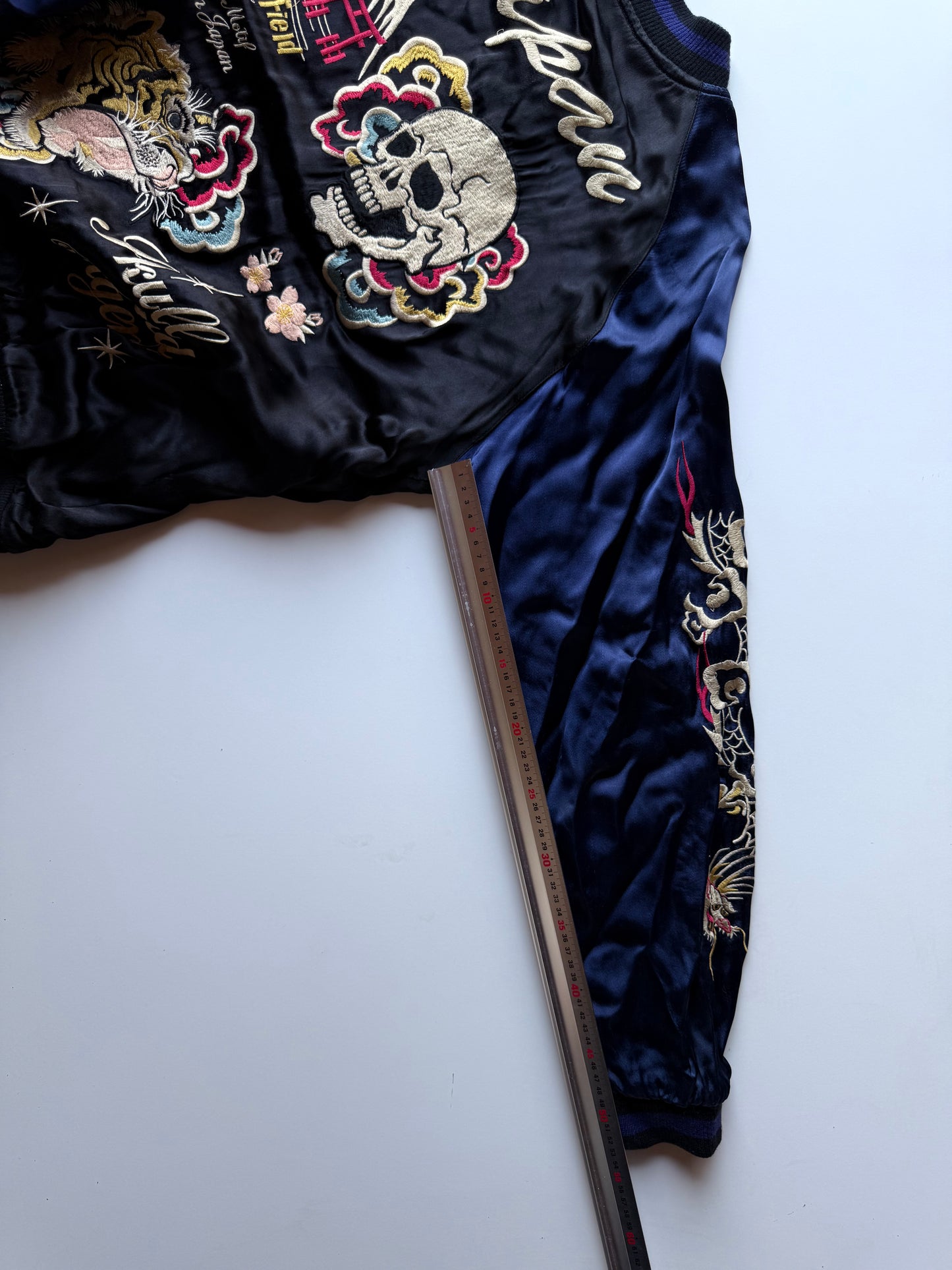 Vintage Tailor Toyo Reversible Sukajan Jacket Skull Tiger Hot Rod Monster Satin Bomber Japan Blue Black Embroidered Souvenir Jacket