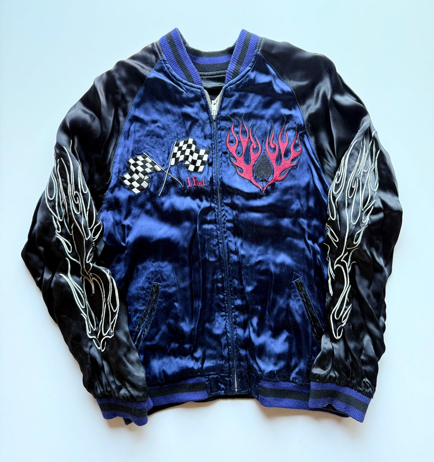 Vintage Tailor Toyo Reversible Sukajan Jacket Skull Tiger Hot Rod Monster Satin Bomber Japan Blue Black Embroidered Souvenir Jacket