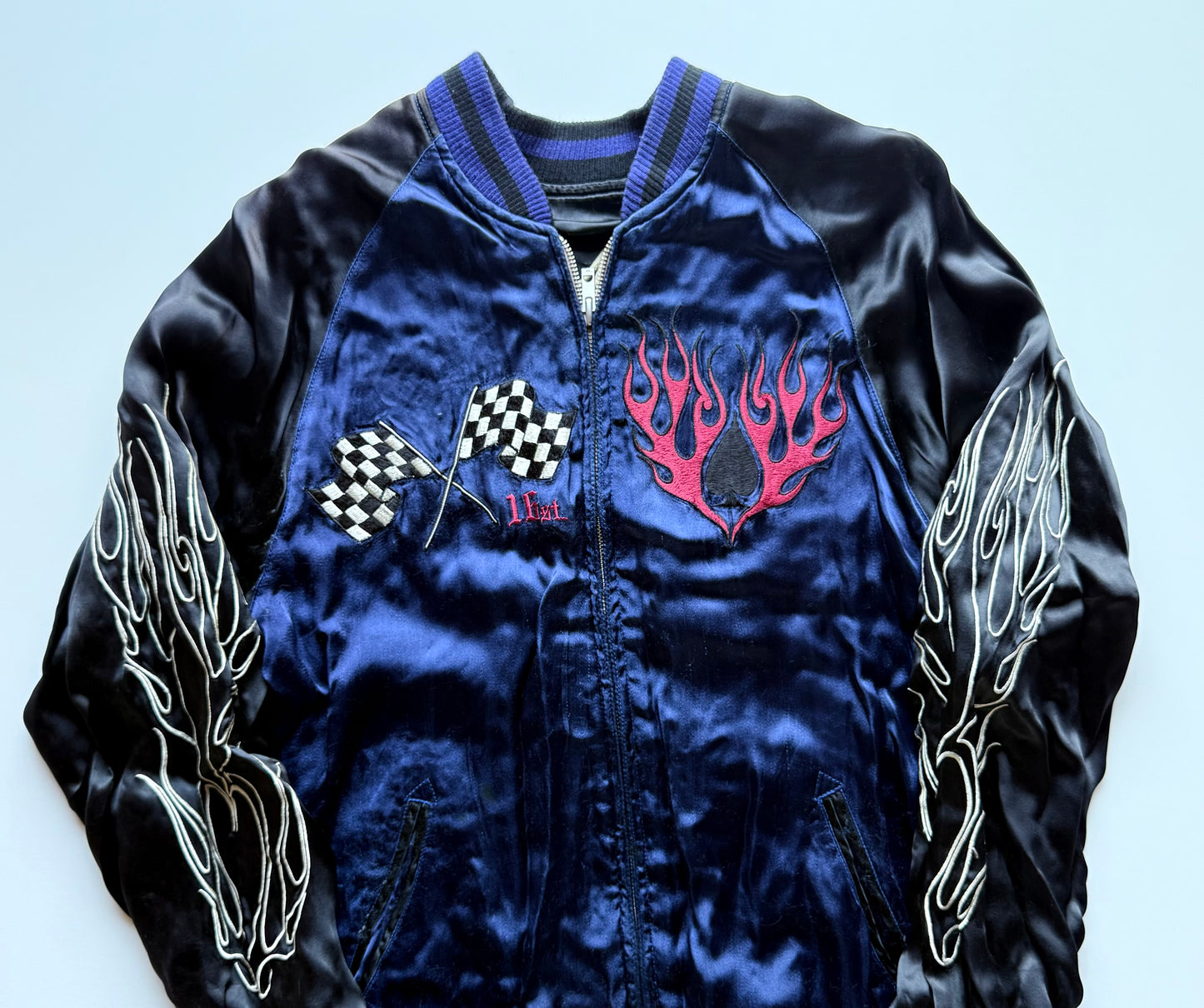 Vintage Tailor Toyo Reversible Sukajan Jacket Skull Tiger Hot Rod Monster Satin Bomber Japan Blue Black Embroidered Souvenir Jacket