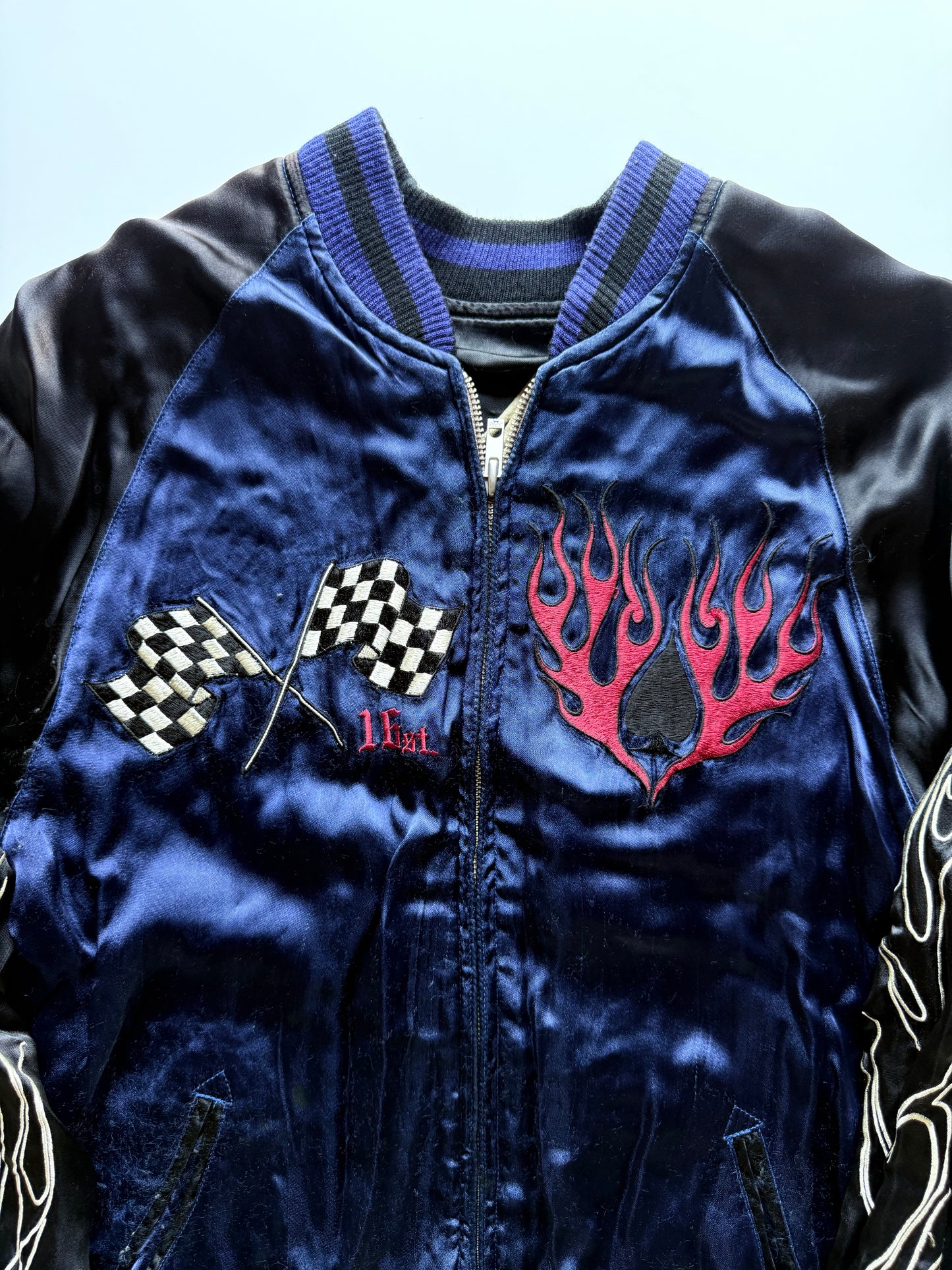 Vintage Tailor Toyo Reversible Sukajan Jacket Skull Tiger Hot Rod Monster Satin Bomber Japan Blue Black Embroidered Souvenir Jacket