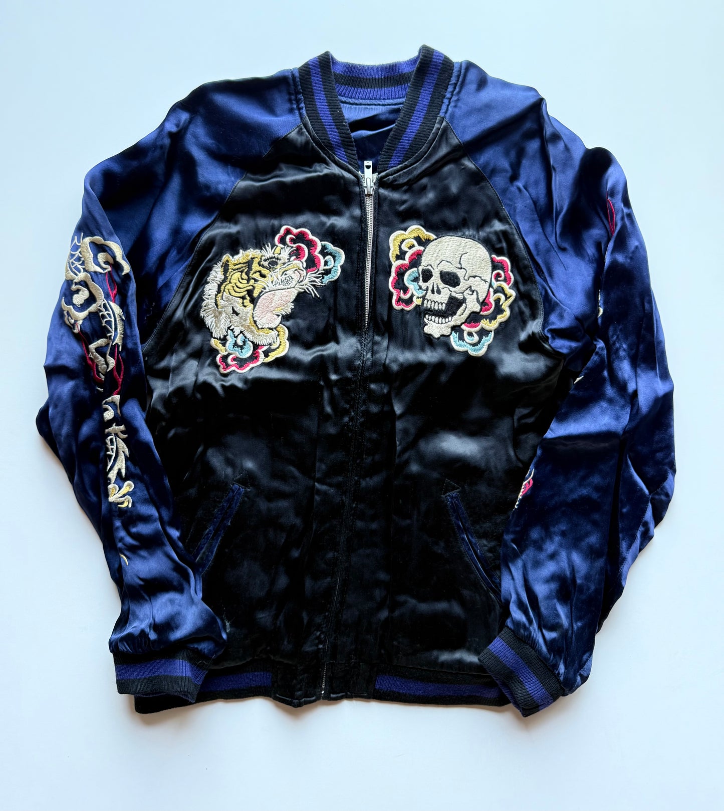 Vintage Tailor Toyo Reversible Sukajan Jacket Skull Tiger Hot Rod Monster Satin Bomber Japan Blue Black Embroidered Souvenir Jacket