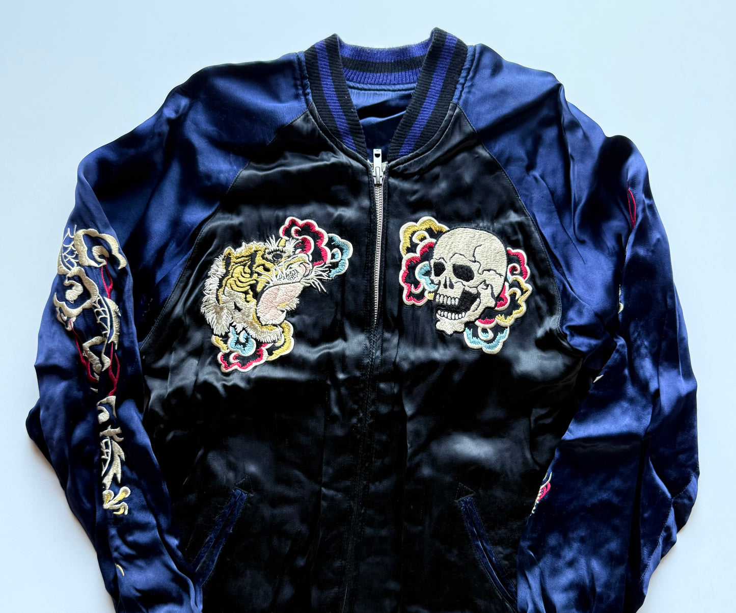 Vintage Tailor Toyo Reversible Sukajan Jacket Skull Tiger Hot Rod Monster Satin Bomber Japan Blue Black Embroidered Souvenir Jacket