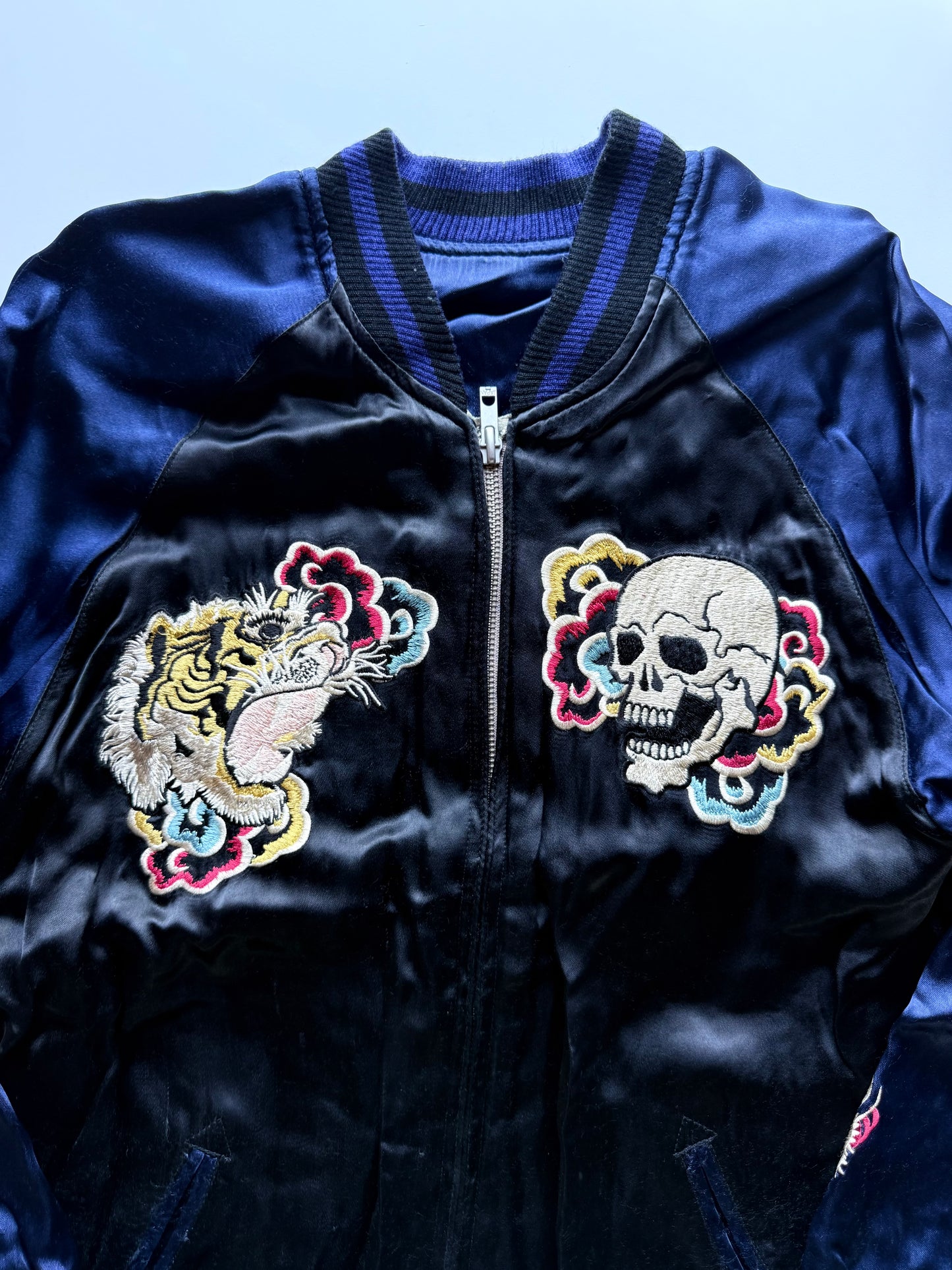 Vintage Tailor Toyo Reversible Sukajan Jacket Skull Tiger Hot Rod Monster Satin Bomber Japan Blue Black Embroidered Souvenir Jacket
