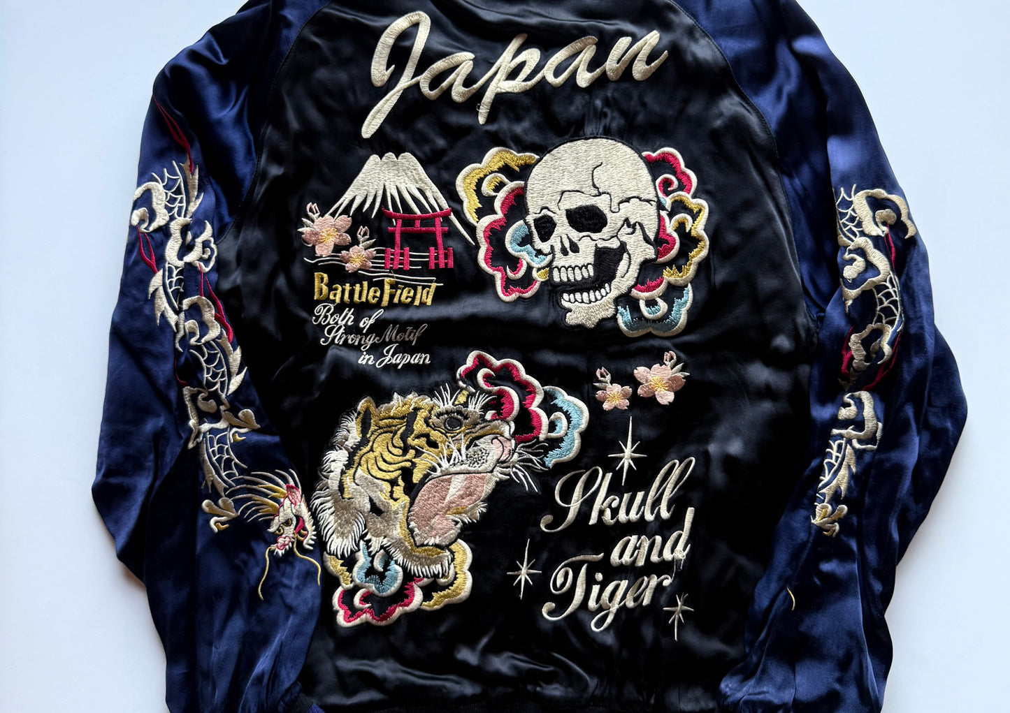 Vintage Tailor Toyo Reversible Sukajan Jacket Skull Tiger Hot Rod Monster Satin Bomber Japan Blue Black Embroidered Souvenir Jacket