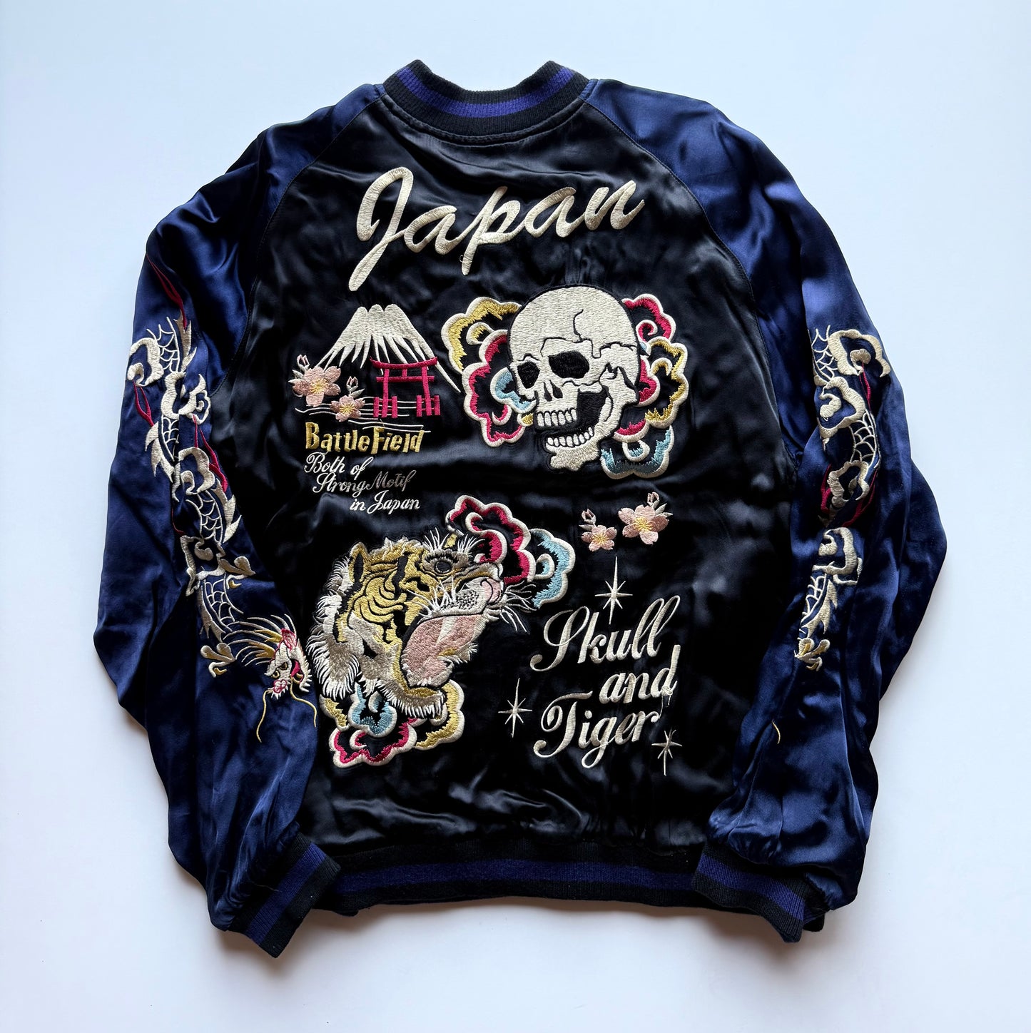 Vintage Tailor Toyo Reversible Sukajan Jacket Skull Tiger Hot Rod Monster Satin Bomber Japan Blue Black Embroidered Souvenir Jacket