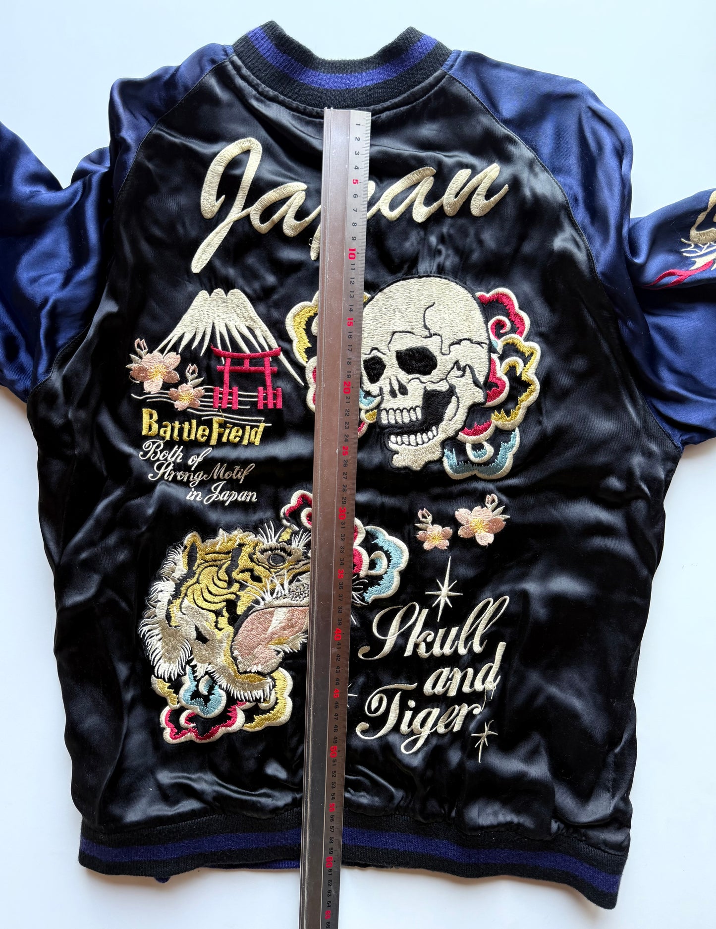 Vintage Tailor Toyo Reversible Sukajan Jacket Skull Tiger Hot Rod Monster Satin Bomber Japan Blue Black Embroidered Souvenir Jacket