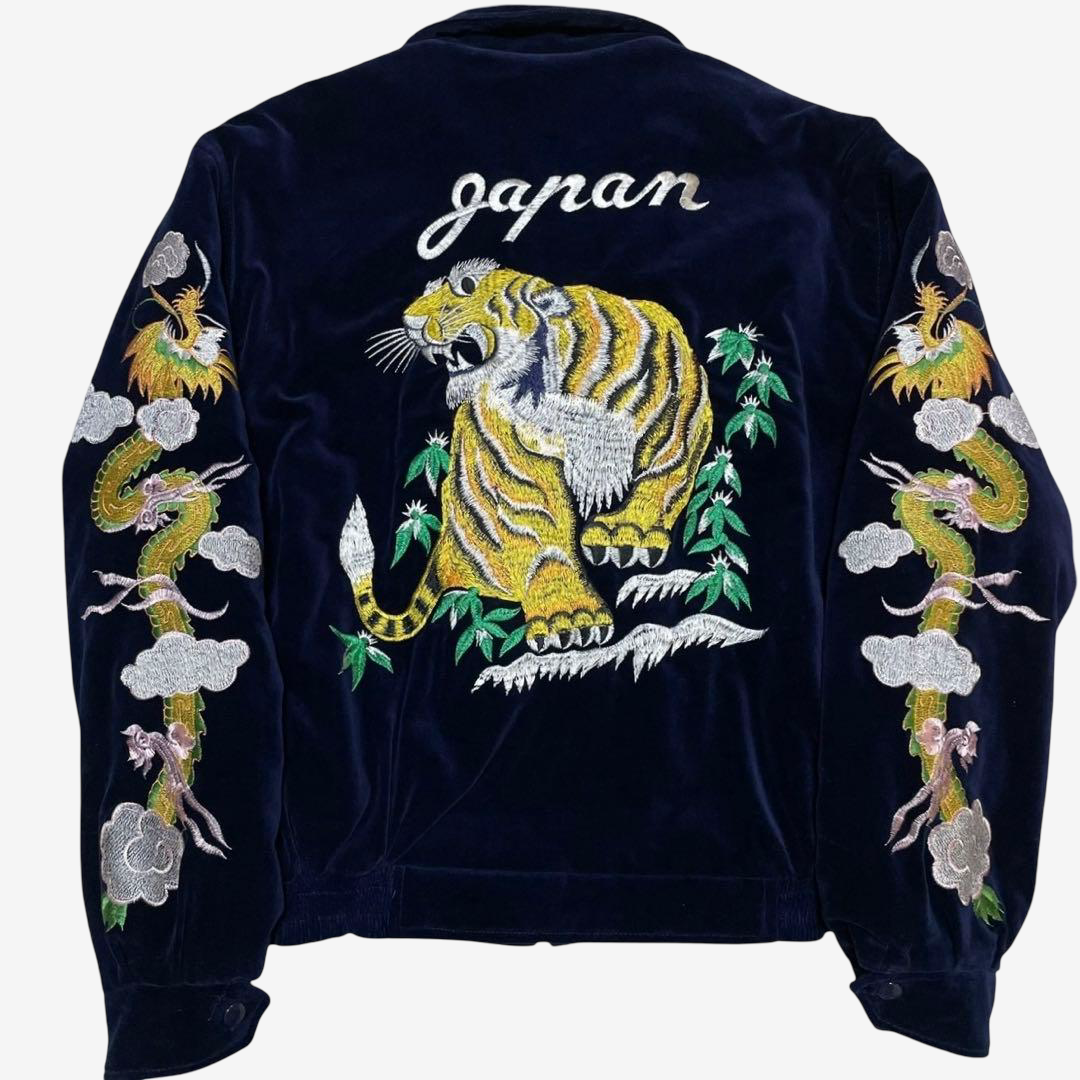 Rare Old-Label HOUSTON Navy Velveteen Japanese Tiger Dragon Embroidered Souvenir Jacket • Padded Yokosuka Bomber • CST-4516