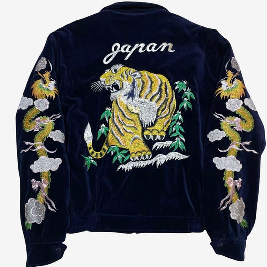 Rare Old-Label HOUSTON Navy Velveteen Japanese Tiger Dragon Embroidered Souvenir Jacket • Padded Yokosuka Bomber • CST-4516