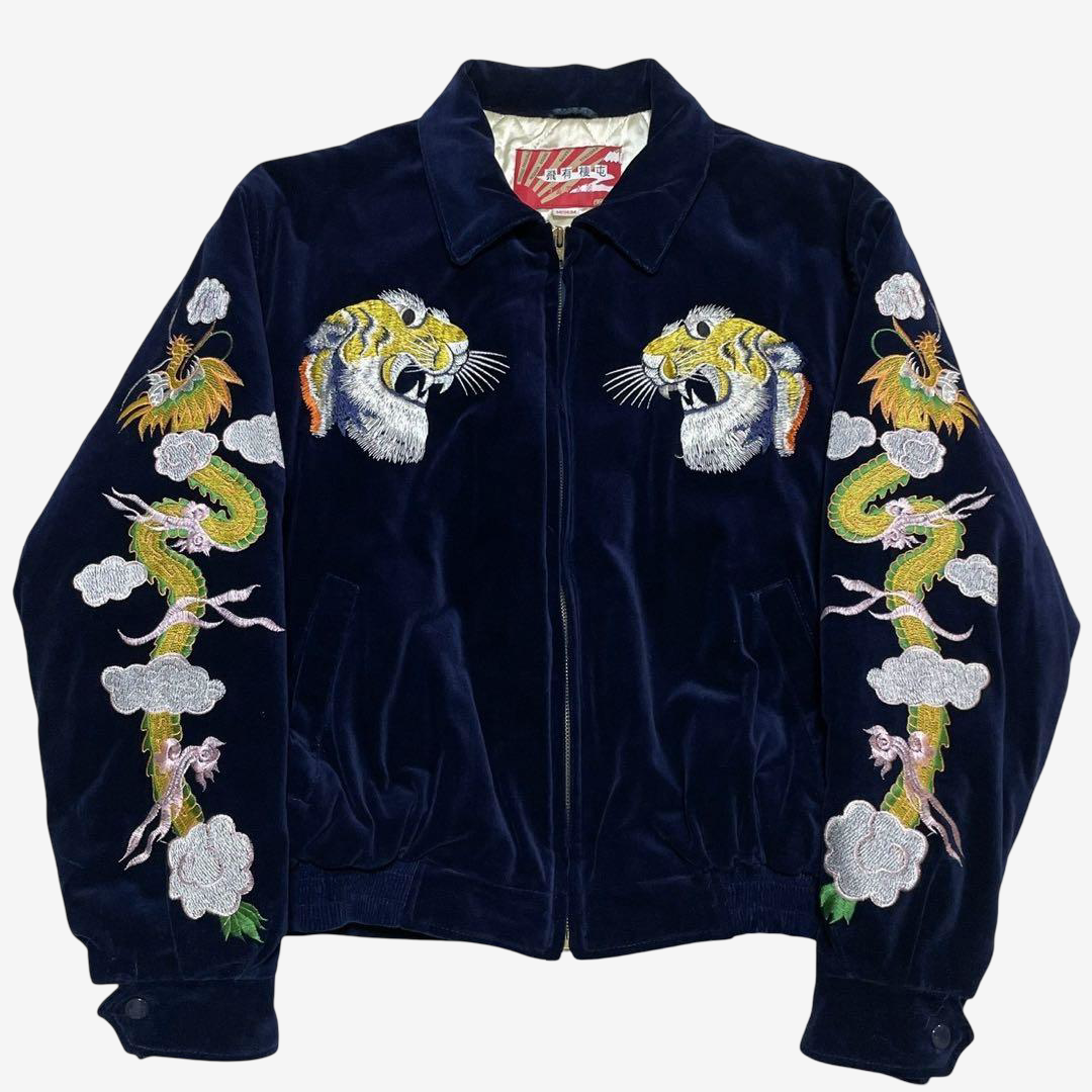 Rare Old-Label HOUSTON Navy Velveteen Japanese Tiger Dragon Embroidered Souvenir Jacket • Padded Yokosuka Bomber • CST-4516