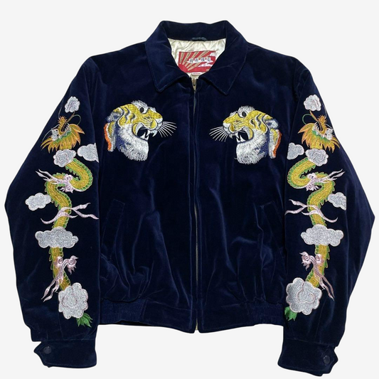 Rare Old-Label HOUSTON Navy Velveteen Japanese Tiger Dragon Embroidered Souvenir Jacket • Padded Yokosuka Bomber • CST-4516