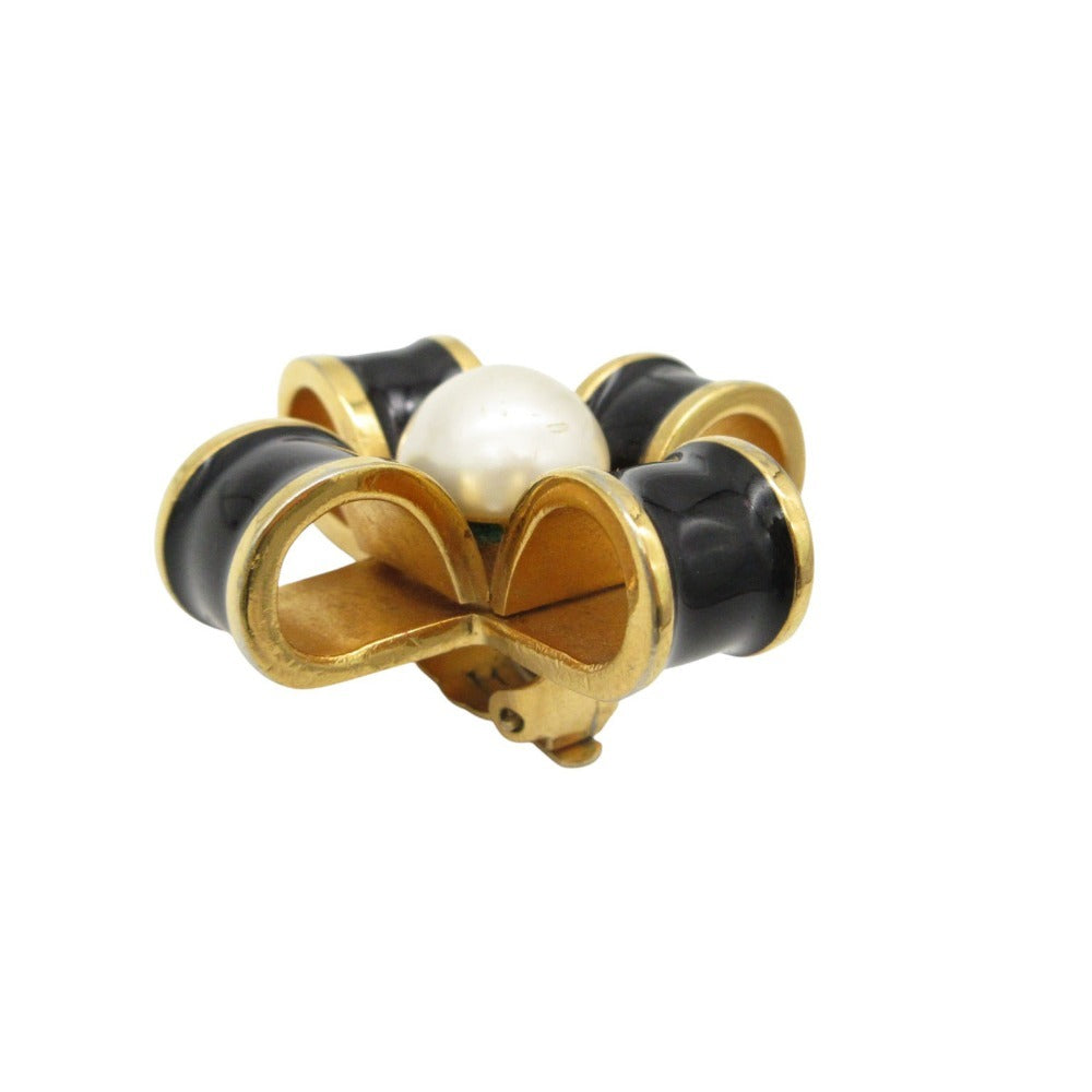 Chanel Black Enamel Bow Clip-On Earring with Faux Pearl, view 2