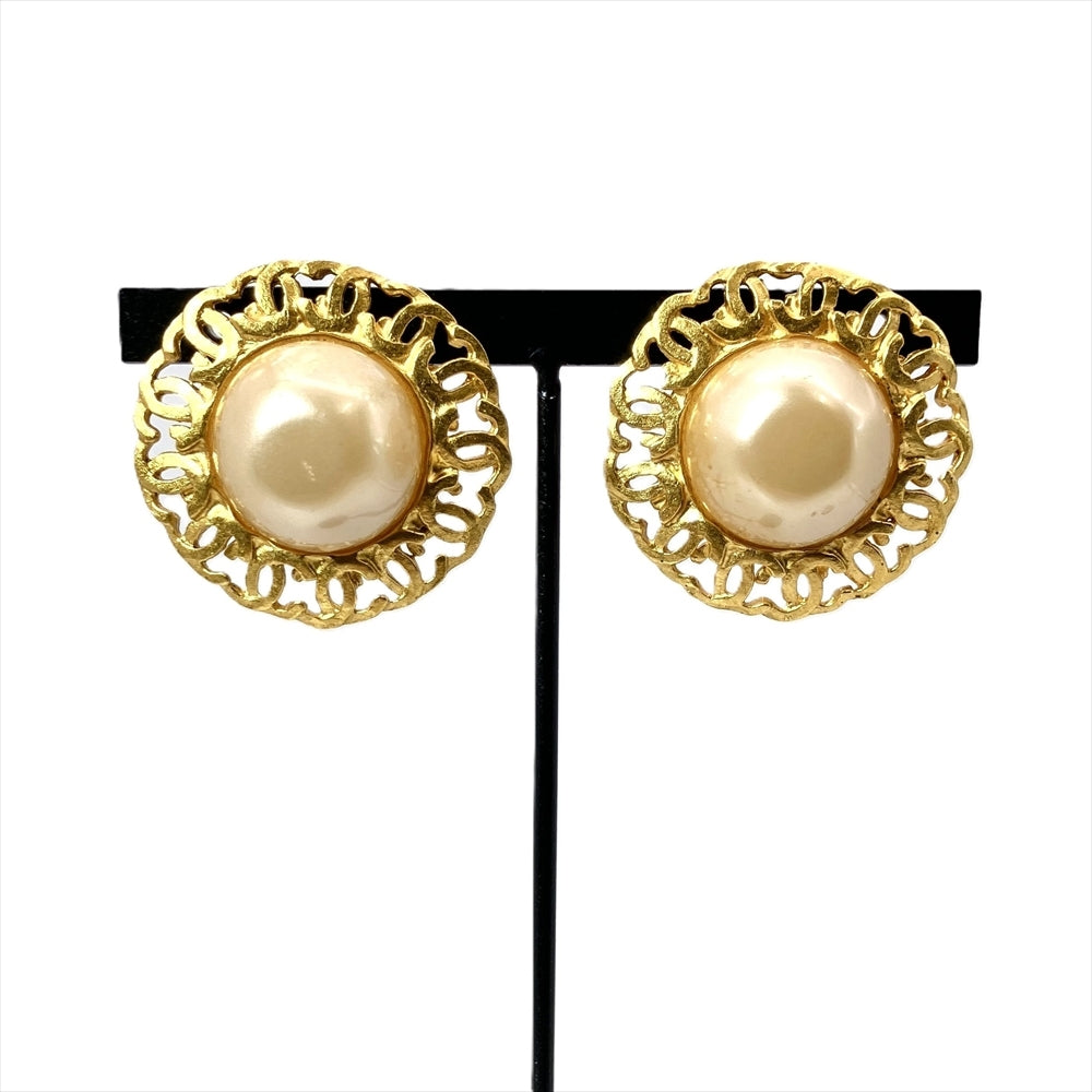 Chanel CC Faux Pearl Clip-On Earrings in Gilt Open-Work Frame, view 1