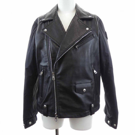 MONCLER Pavot Black Leather and Quilted Nylon Down Rider Jacket with Felt Logo Patch, view 1