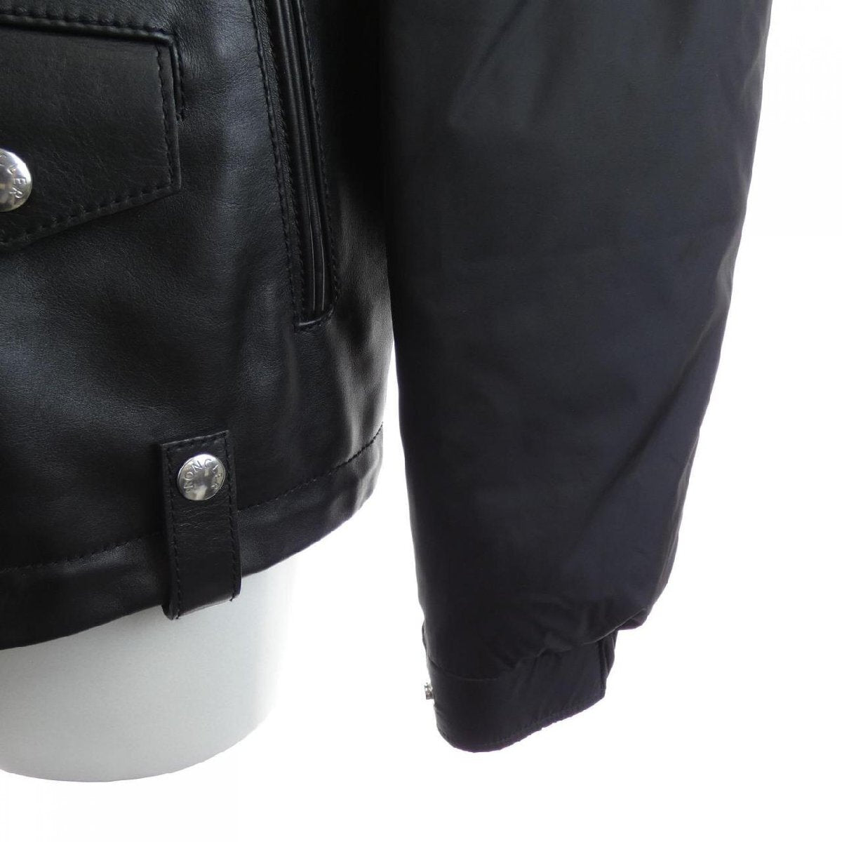 MONCLER Pavot Black Leather and Quilted Nylon Down Rider Jacket with Felt Logo Patch, view 8