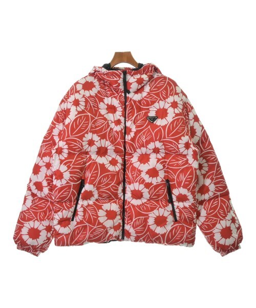 PRADA Milano Red and White Floral Nylon Down Puffer Jacket with Enamel Triangle Plaque, view 1