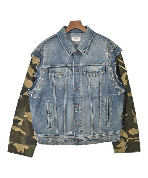 Celine Denim Trucker Jacket with Camouflage Sleeves and Crystal Studding, view 1