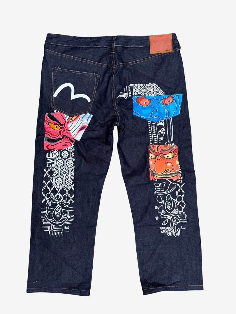 EVISU Lot 2008 Rare Japanese Oni Mask Patchwork Indigo Denim Jeans 38x34