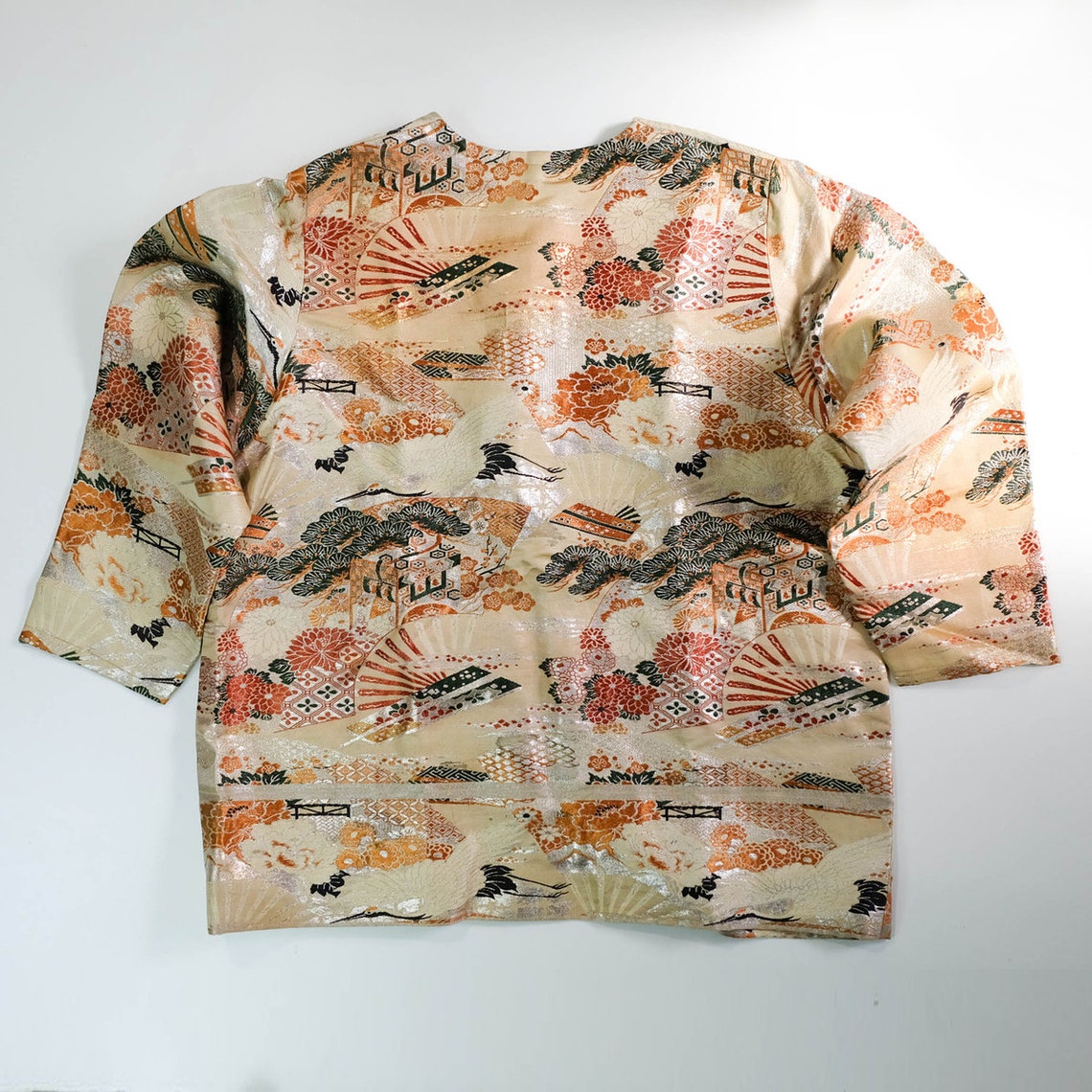 One-of-a-Kind Japanese Wagara Brocade Jacket with Tsuru Cranes, Sensu Fans, Pine, Chrysanthemum & Classical Geometric Motifs