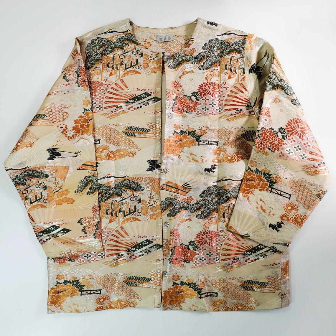 One-of-a-Kind Japanese Wagara Brocade Jacket with Tsuru Cranes, Sensu Fans, Pine, Chrysanthemum & Classical Geometric Motifs