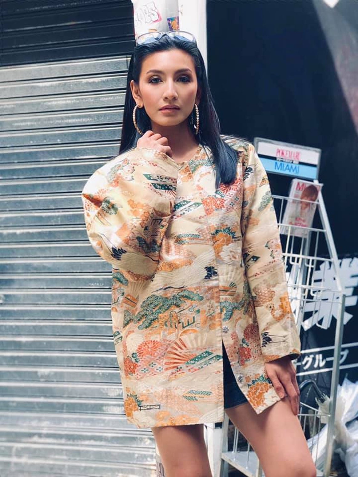 One-of-a-Kind Japanese Wagara Brocade Jacket with Tsuru Cranes, Sensu Fans, Pine, Chrysanthemum & Classical Geometric Motifs