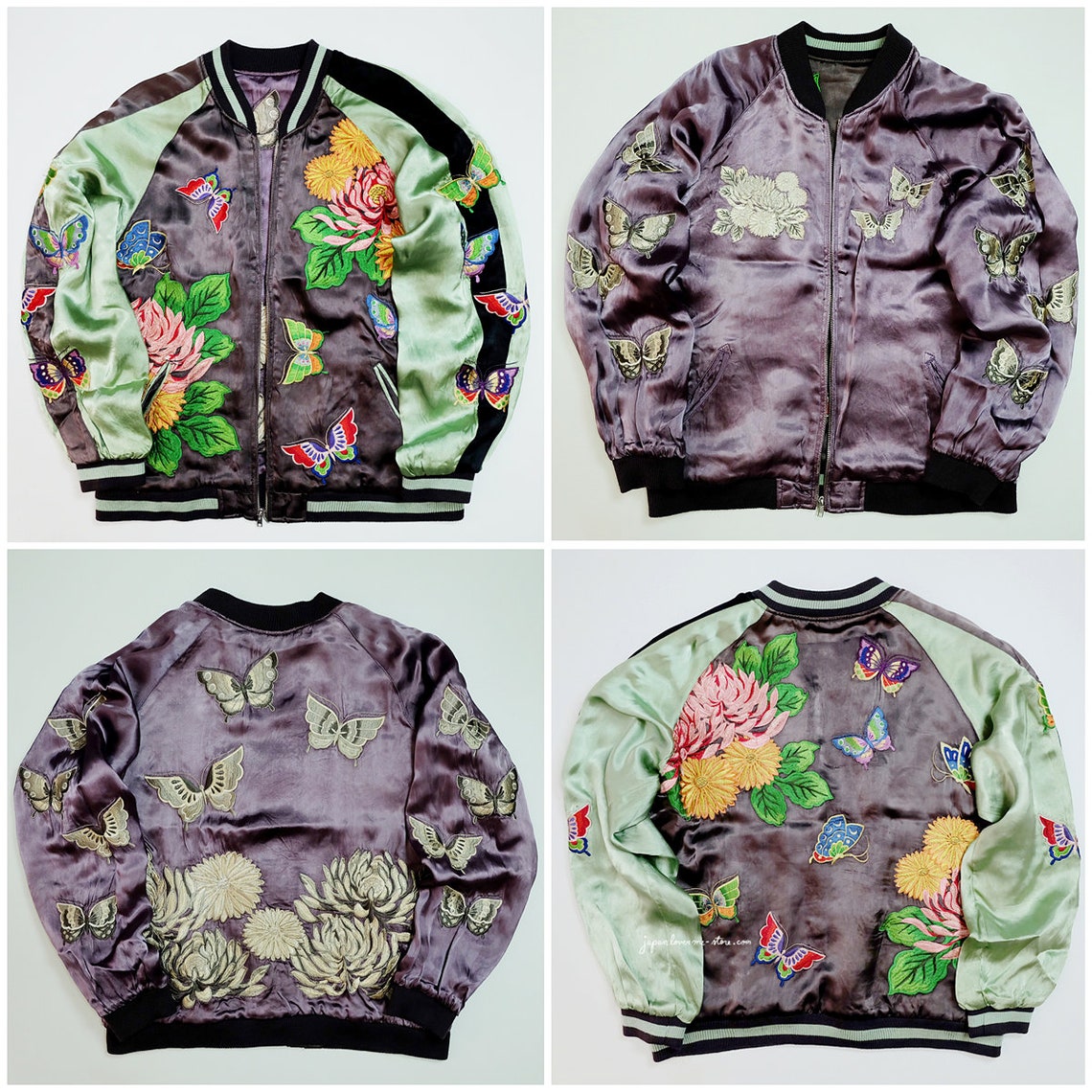 CHIC SEXY RARE VINTAGE JAPANESE JAPAN YOKOSUKA JUMPER GREEN GRAY CHOCHO BUTTERFLIES BUTTERFLY FLOWER FLOWERS FLORAL TATTOO ART EMBROIDERY EMBROIDERED BOMBER SUKAJAN SOUVENIR JACKET TOUR JACKET ( SIZE : L )