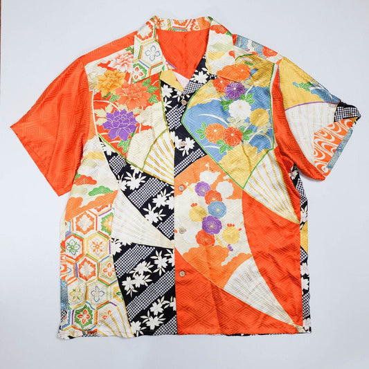 Handmade Made in Japan Art Japanese Floral Flower Hana Orange Kamon Hawaiian Aloha Wagara Button Down Polo Shirt Vintage Kimono Remake Shirt