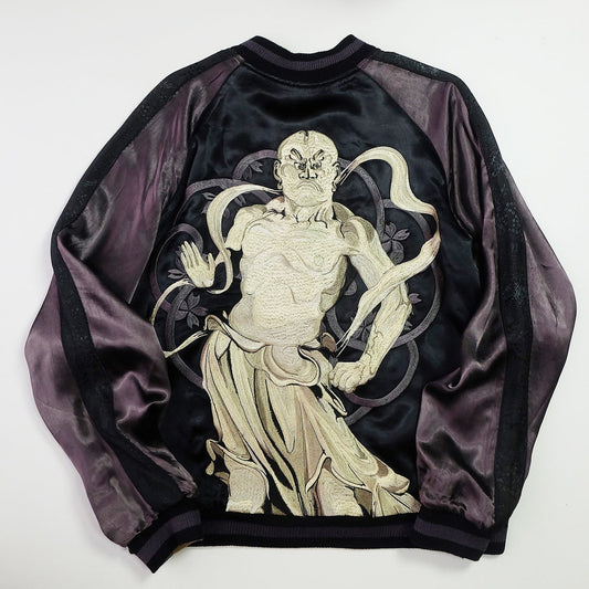 Classic JAPANESE SCRIPT BUDDHA ZEN KAMON NIO DEVA AGYO Gods Kamon Gold SUKAJAN EMBROIDERED SOUVENIR JACKET ( Size : L )